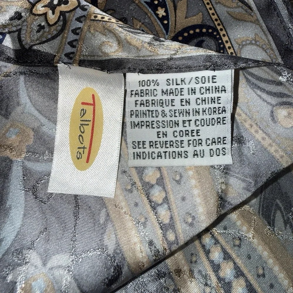 Vintage Talbots 100% Silk Paisley Scarf Shawl Gray Gold Blue Fringe Wrap 16x60